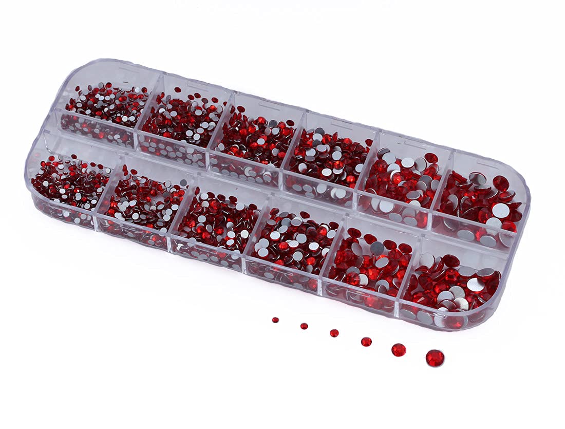 Allstarco Over 2100 Pieces Red Ruby Lt Siam Flat Back Glass Rhinestones Crystals for Nail Art Kit 6 Sizes (1.4mm - 4.8mm)