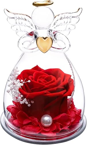 Cúpula de cristal con ángel para siempre, rosa roja, conservada, regalo único para abuela, ella, esposa, mujer, adecuado para aniversario,