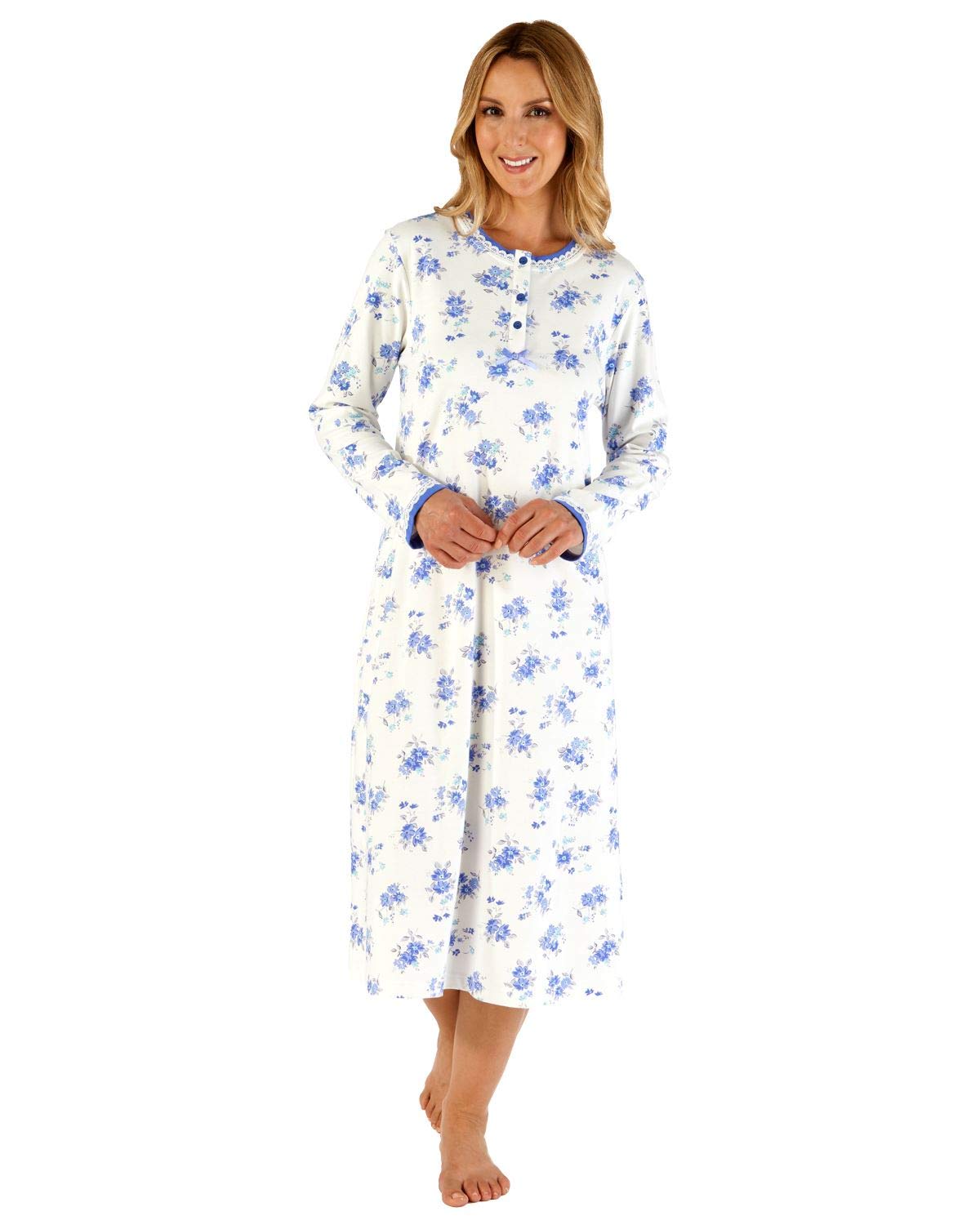 Ladies Floral Print Long Sleeve Round Neck Jersey Nightie Nightdress