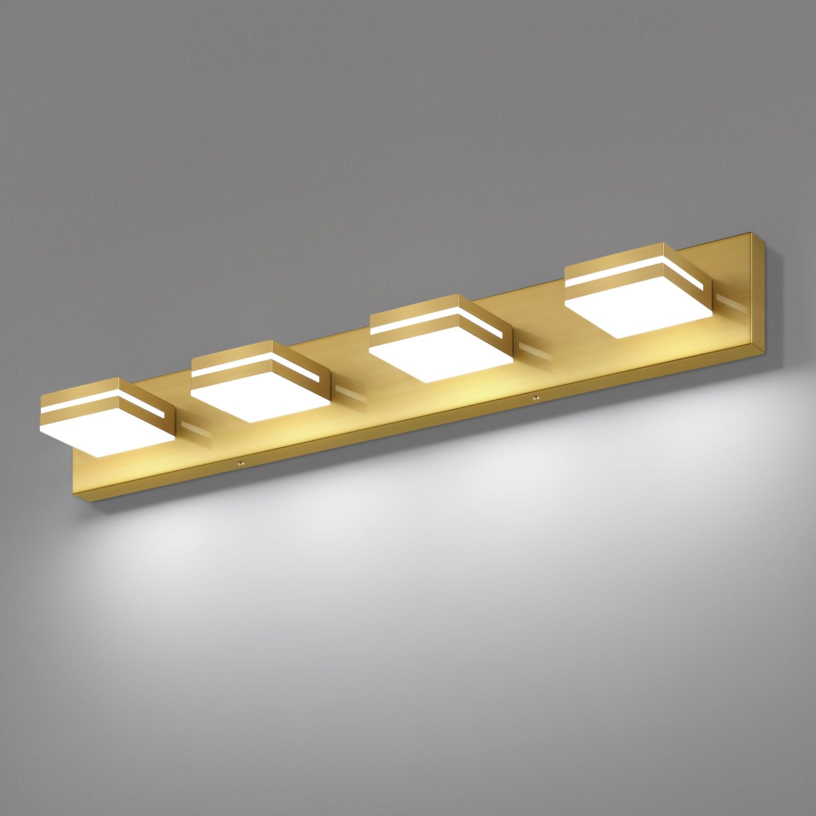 SineRise LED Modern Bathroom Vanity Light Fixtures, Modern Acrylic Bathroom Wall Lighting Fixtures Over Mirror, 4-Light, 30-Inch, Brass, White