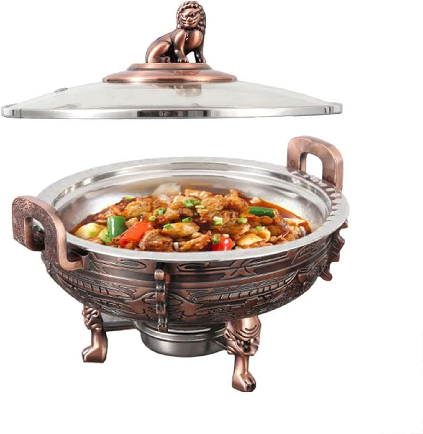 Paquete de platos y calentadores de alimentos, juego de servidor redondo de catering con bandeja para alimentos y soportes de combustible, para cocina, fiesta, comedor, buffet (tamaño: 1 paquete)