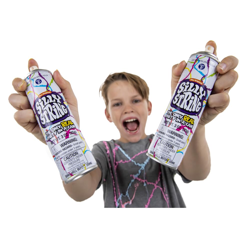 Die originale Silly String! Silly String Party Pack, 12 Stück, verschiedene Farben, 85 g große Dose, die einzige echte Party in einer Dose. Be Silly! Schießt über 4,5 m