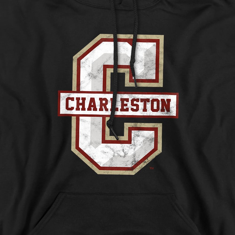 College of Charleston Official Distressed Primary Unisex Adult Pull-Over Hoodie, Black, X-Large