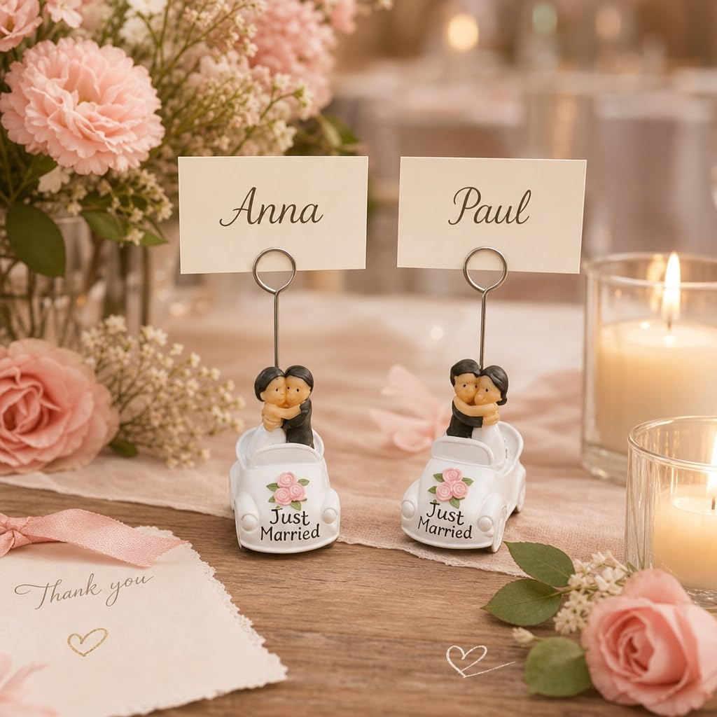 MIJOMA Lot de 12 porte-cartes de table de mariage Just Married Voiture avec couple de mariés – Décoration de table de mariage Porte-cartes de place en polyrésine peinte à la main 8 cm de haut