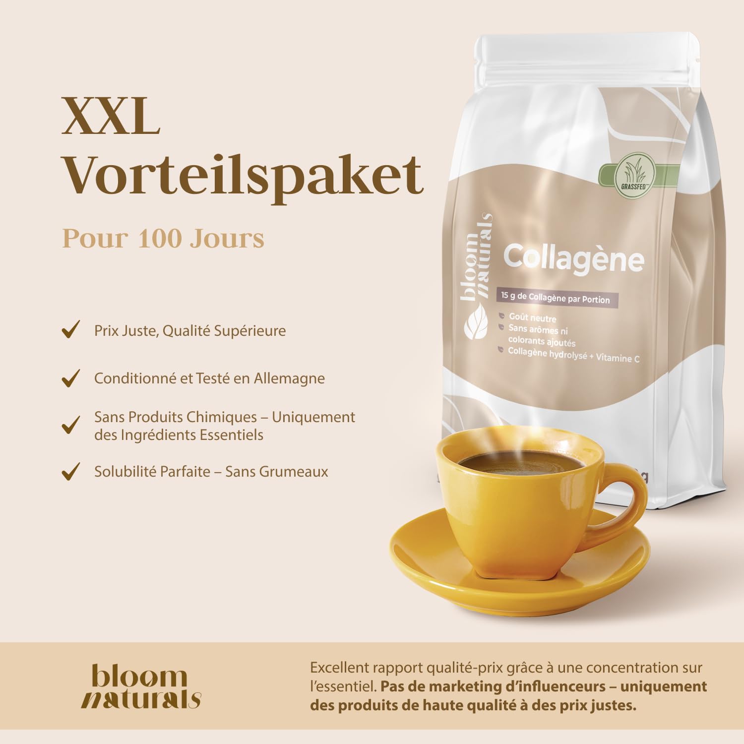Collagène Hydrolysé en Poudre 1500 g (1,5 kg) – 100 Portions – 15 g par Portion – Avec Vitamine C – Goût Neutre – Peptides de Collagène Type I & III – Collagen Peptides