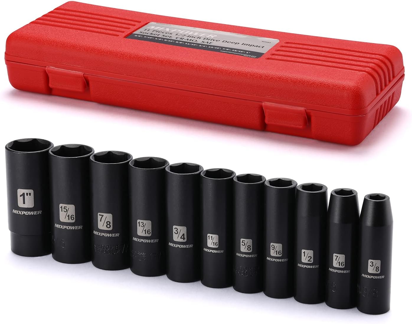 MIXPOWER 11 Pieces 1/2-Inch Drive Deep Impact Socket Set, 3/8-Inch to 1-Inch, CR-V, SAE, 6 Point, Deep, 11 Pieces 1/2" Dr. Socket - Amazon product rated Grade A