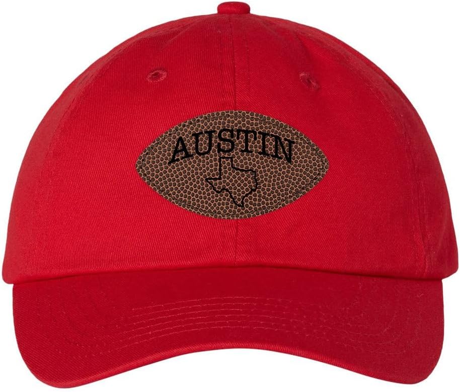TeesAndTankYou Austin Texas Engraved Faux-Leather Football Patch Baseball Cap Adjustable Cotton Dad Hat