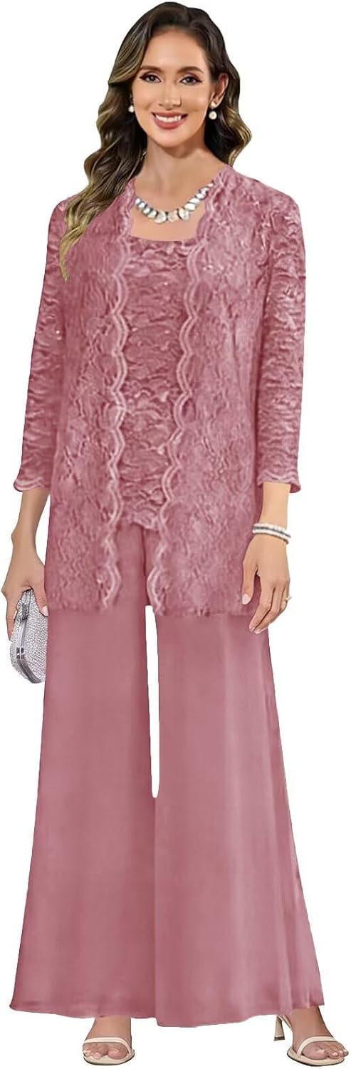 Women's 3 Pieces Pants Suits for Women Wedding Lace Chiffon Mother of Bride Pantsuits Formal with Jacket