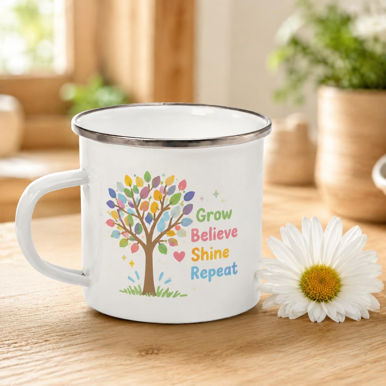 Coloch 6 Stück Sublimationstassen aus weißer Emaille, 340 ml, Kaffeetassen mit silberfarbenem Rand, Camping-Reisebecher, Vintage-Teetasse für Vatertag, Erntedankfest, Abschlussfeier, Geschenk