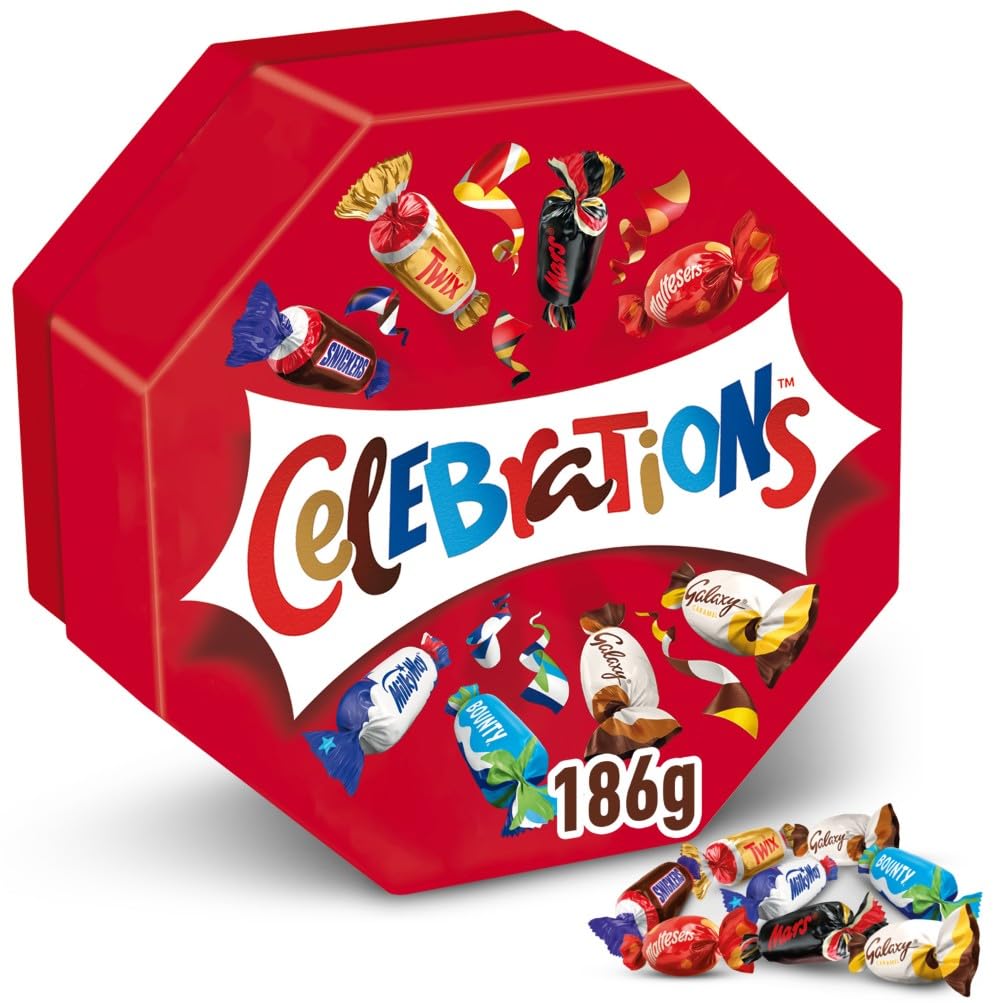 Celebrations Geschenkbox, Mini-Schokoriegel Mix, 16 Packungen, 16 x 186 g | Bunte Mischung beliebter Mini-Schokoriegel mit Maltesers, Galaxy, Snickers und mehr, ideal zum Teilen und als Gastgeschenk