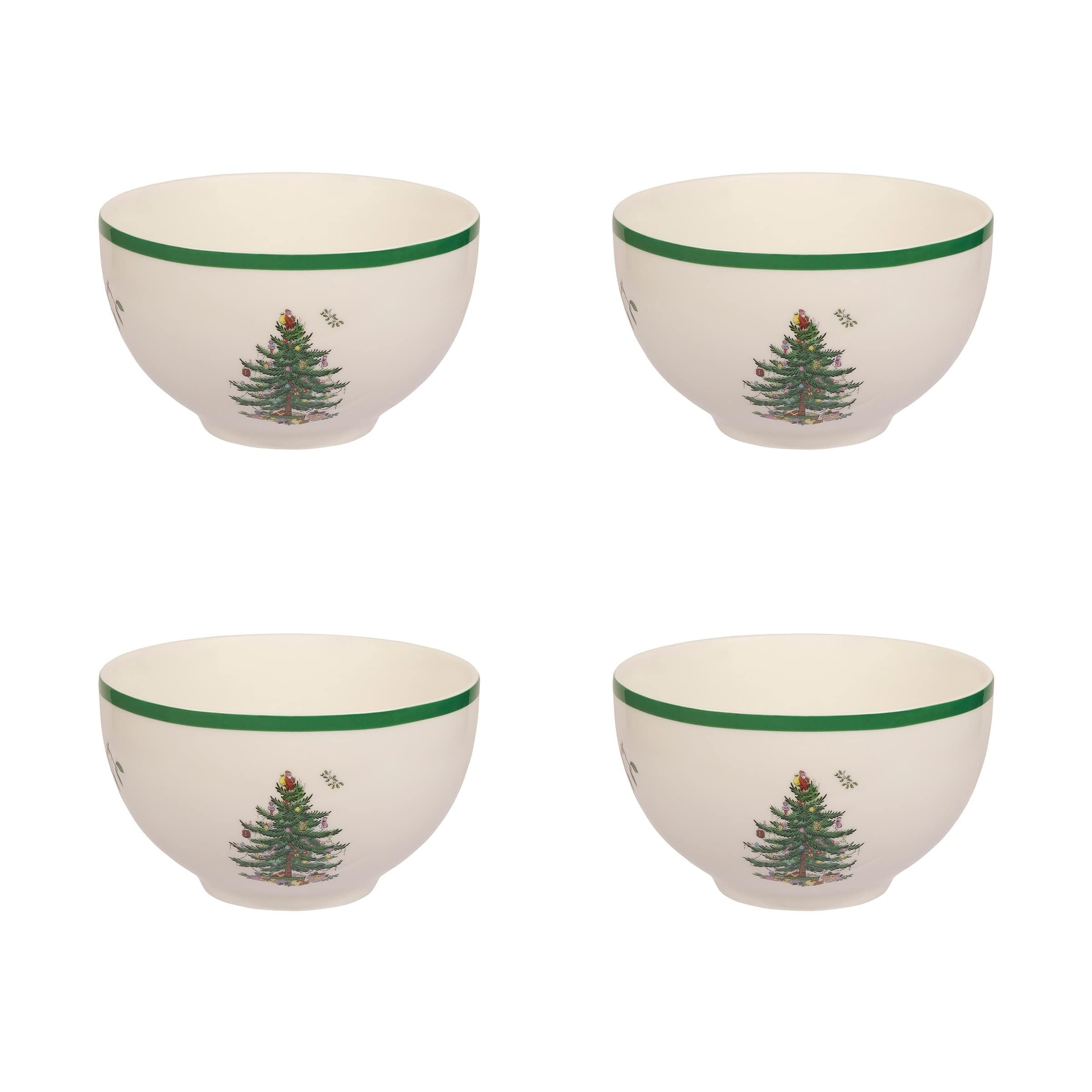 Spode Christmas Tree Collection Rice Bowl, set of 4, 6-Inches, Round, Ceramic Bowl for Soup, Frozen Meals, Stews, and Sticky Rice Dinners, Dishwasher and Microwave Safe (Classic)
