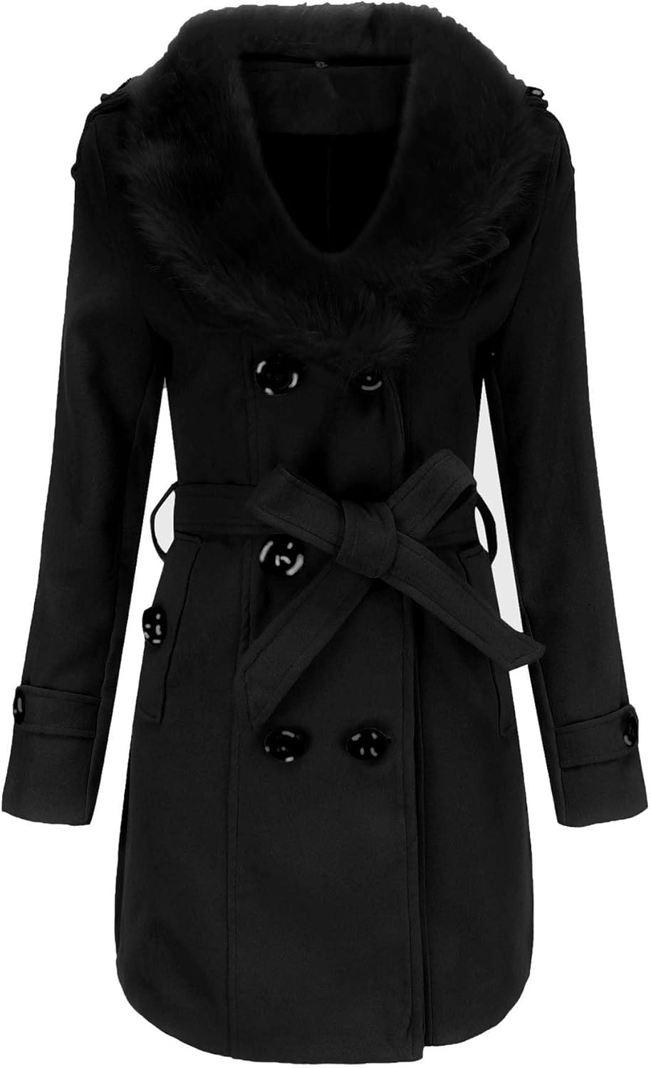 xxxiticat Women's Faux Fur Trench Coat Long Sleeve Double Breasted Belted Wool Blend Furry Long Winter Dress Coat Overcoat - Image 6