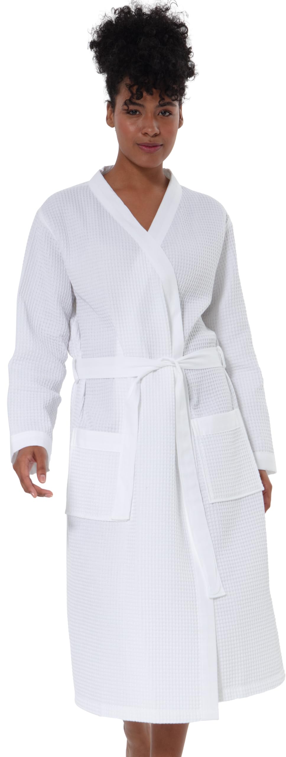 SEYANTE Women's Organic Cotton Waffle Kimono, Hooded Robe – GOTS Certified Lightweight Full-Length Spa Bathrobe with Piping