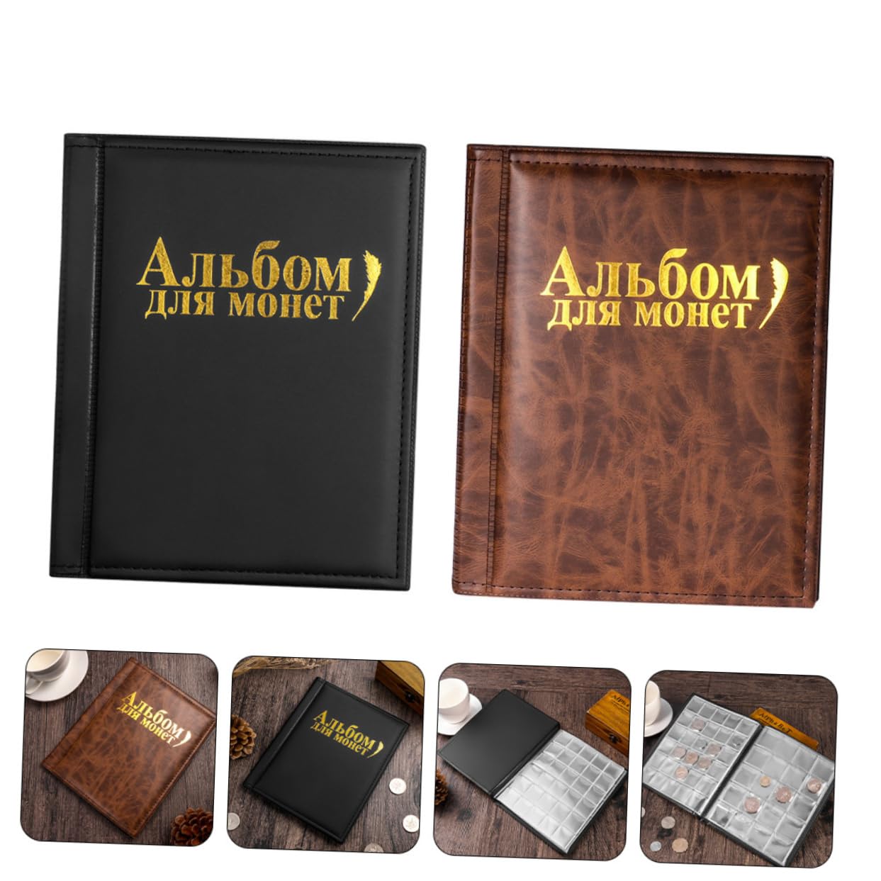 PLAFOPE Album per Monete da Collezione 2 Pezzi, Plastico Pu Nero Marrone