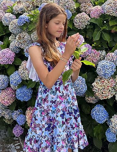 Funnycokid Girls Ruffle Sleeve Dress Kids Summer Clothes Flutter Hem Sundress Outfit with Belt 6-13 Years4