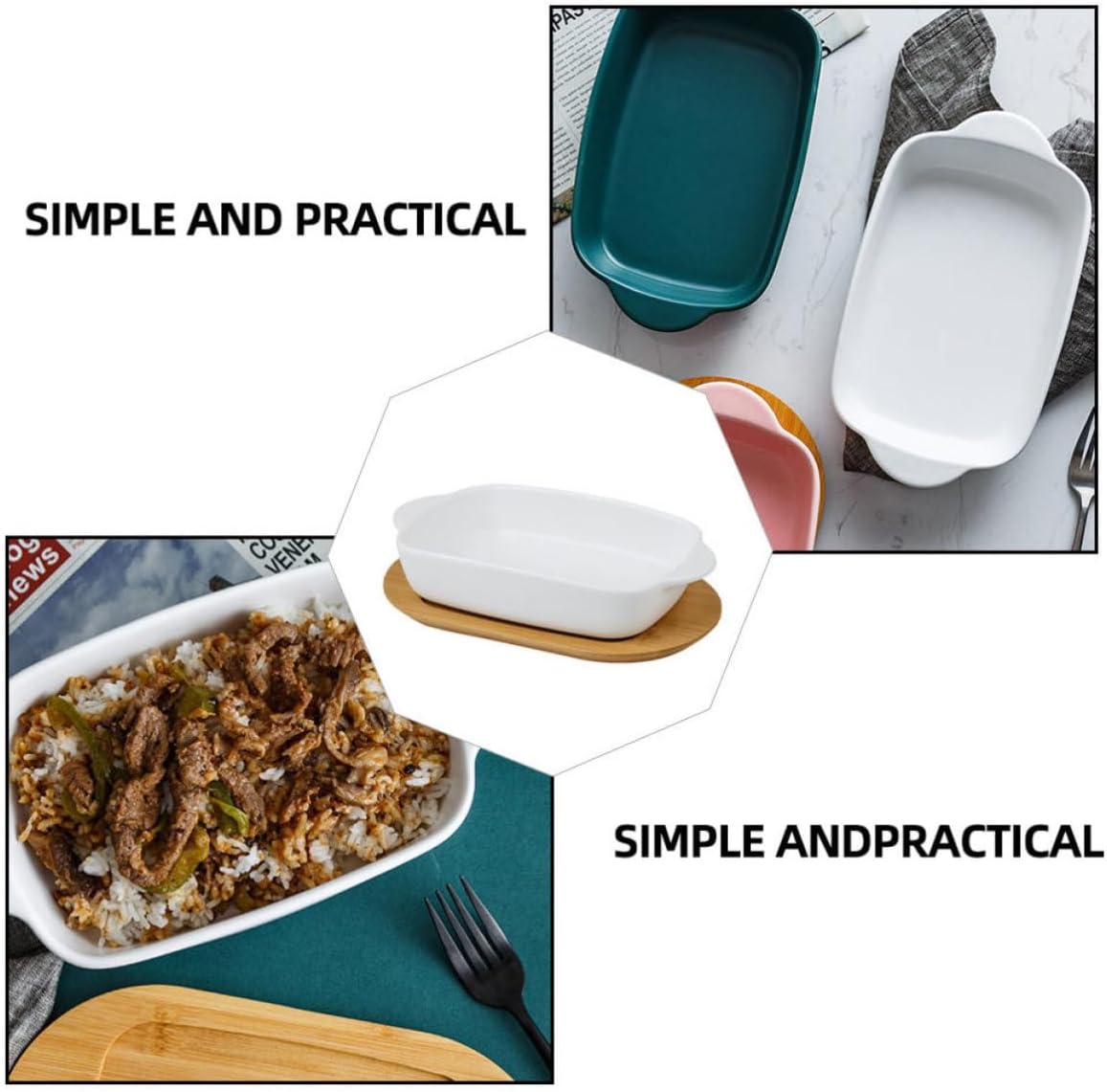White Ceramic Double Handle Baking Tray with Wooden Lid, Microwave Safe Vegetable Storage and Baking Pan, Simple Elegant Design for Kitchen and Home Use
