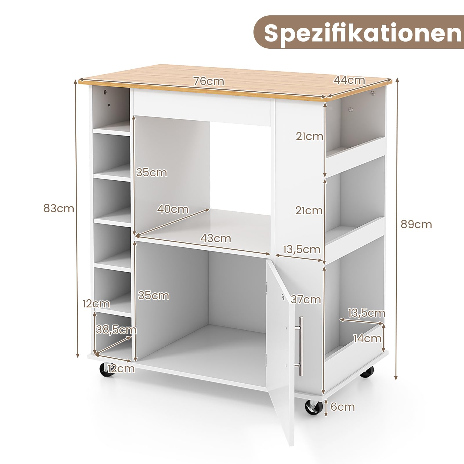 COSTWAY Keukenwagen op wieltjes, serveerwagen met werkblad, keukeneiland met laden, wijnrek en handdoekhouder, houten keukenkast oprolbaar voor keuken, eetkamer en bar (bruin
