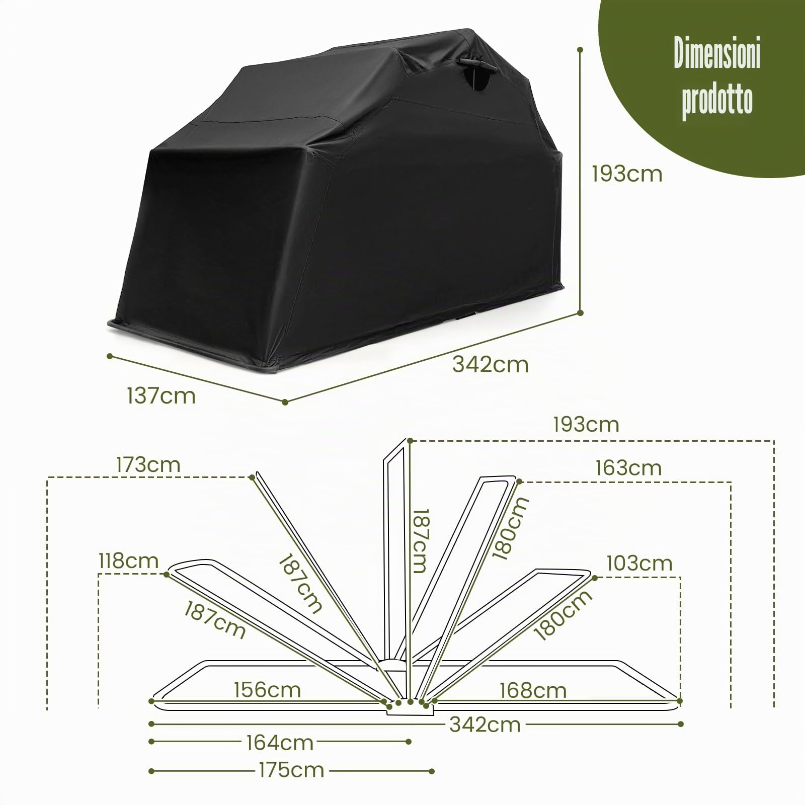 SOARS Casetta da giardino 342 x 137 x 193 cm, copertura per moto da esterno in tessuto Oxford impermeabile, base in metallo, costruzione stabile, finestra arrotolabile, per moto, bicicletta, giardino