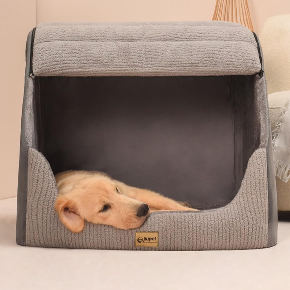 Soft Plush Covered Dog Cave Bed - Large Size for Indoor Use, with Fluffy Washable Cushion, Portable Pet Tent House Suitable for Dogs & Cats(Gray,23.62''X15.75''X17.72'')