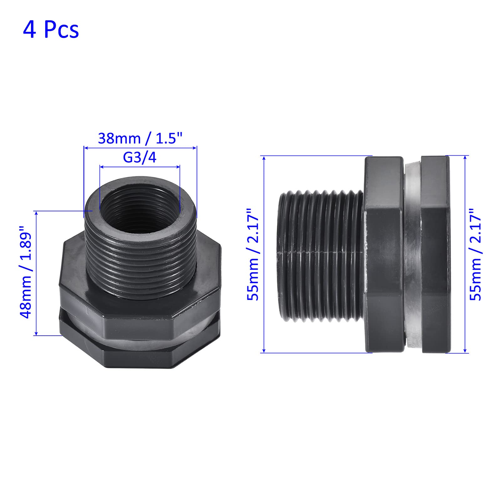 M METERXITY 4 Pack PVC Bulkhead Fitting, Double Threaded Bulkhead Water Tank Connector, with Silicone Gasket - Image 3