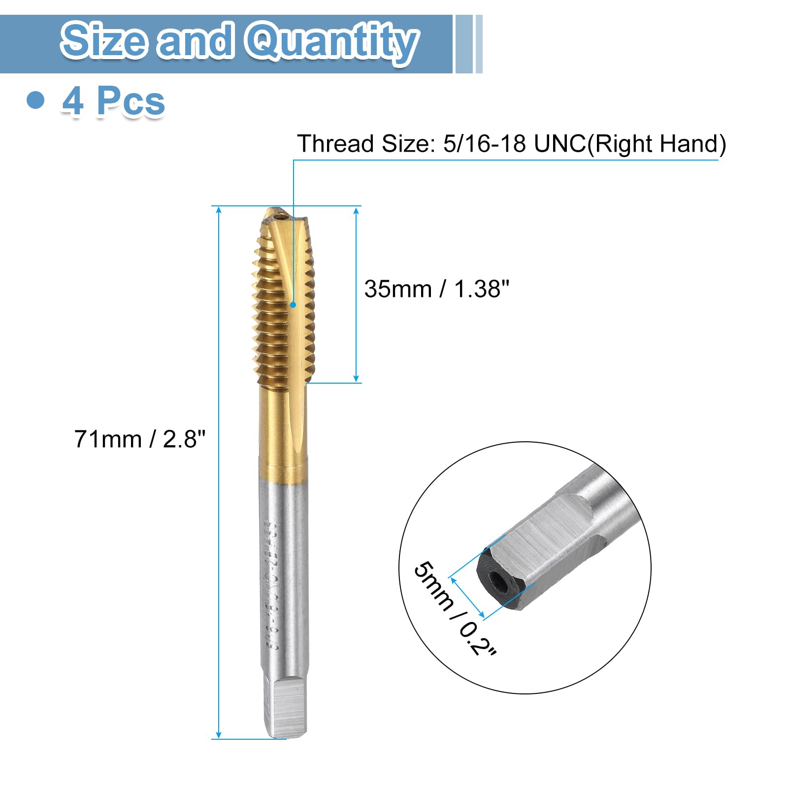 uxcell Spiral Point Plug Threading Tap 5/16-18 UNC Thread, Ground Threads H2, High Speed Steel 6542, Titanium Coated, Screw Taps Tapping Bit for Thread Repair, 4pcs