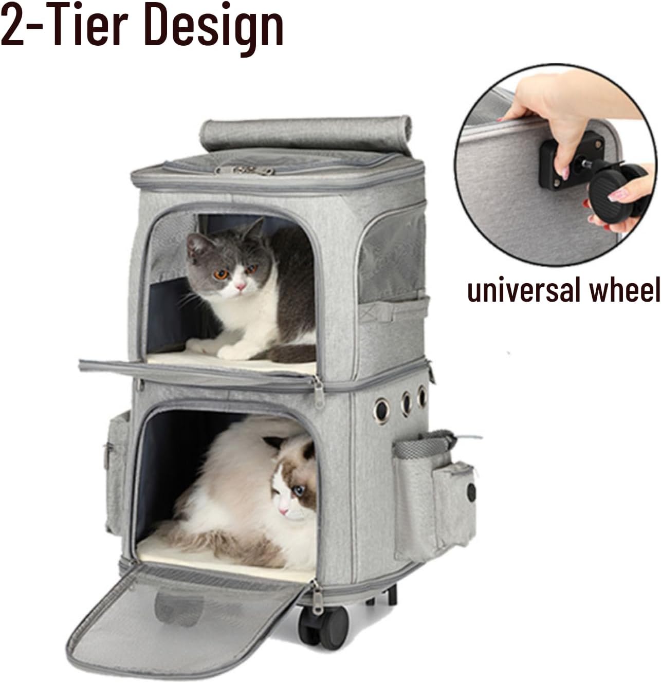 Double Pet Carrier Trolley Bag with Wheels for Small Cats and Dogs, Perfect for Traveling/Taking a Walk/Trips to The Vet, for Up to 22 LBS, Grey