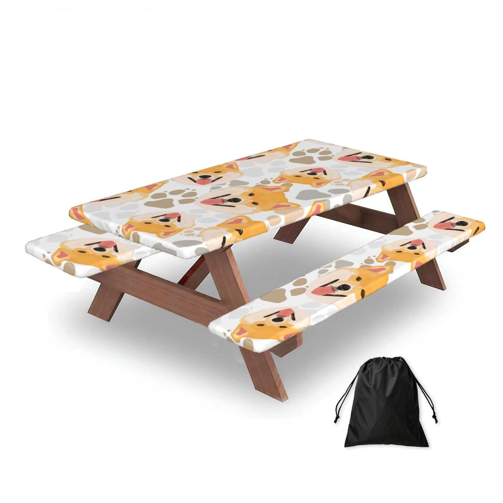 Dopklna As Picture Shiba Inu, Picnic Table Cover With Bench Covers -Waterproof Elastic Fitted Tablecloth For Garden Camping Patio 76X152cm