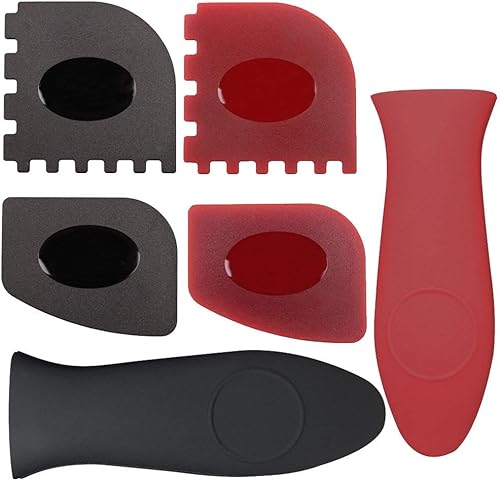 WeTest 2 cubiertas de silicona con mango caliente, 2 raspadores de plástico para parrilla, 2 raspadores de plástico para sartenes de hierro fundido,