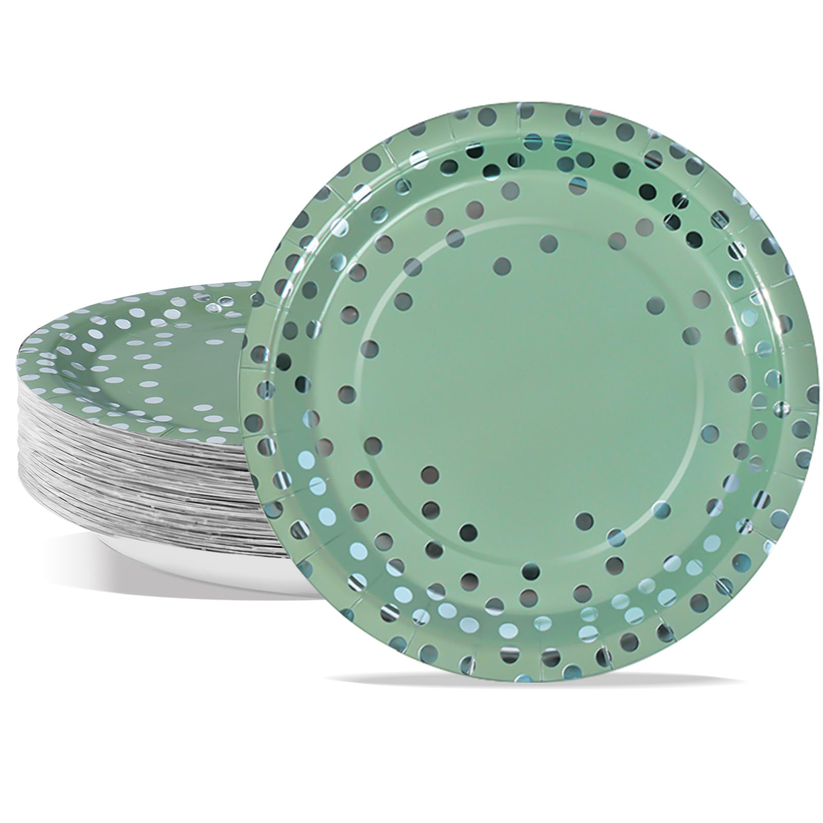 PYAILI Party Paper Plates, 50-Pack Disposable Grass Green Silver Plates, Foil Polka Dots, 23 Centimetres-9 Inch