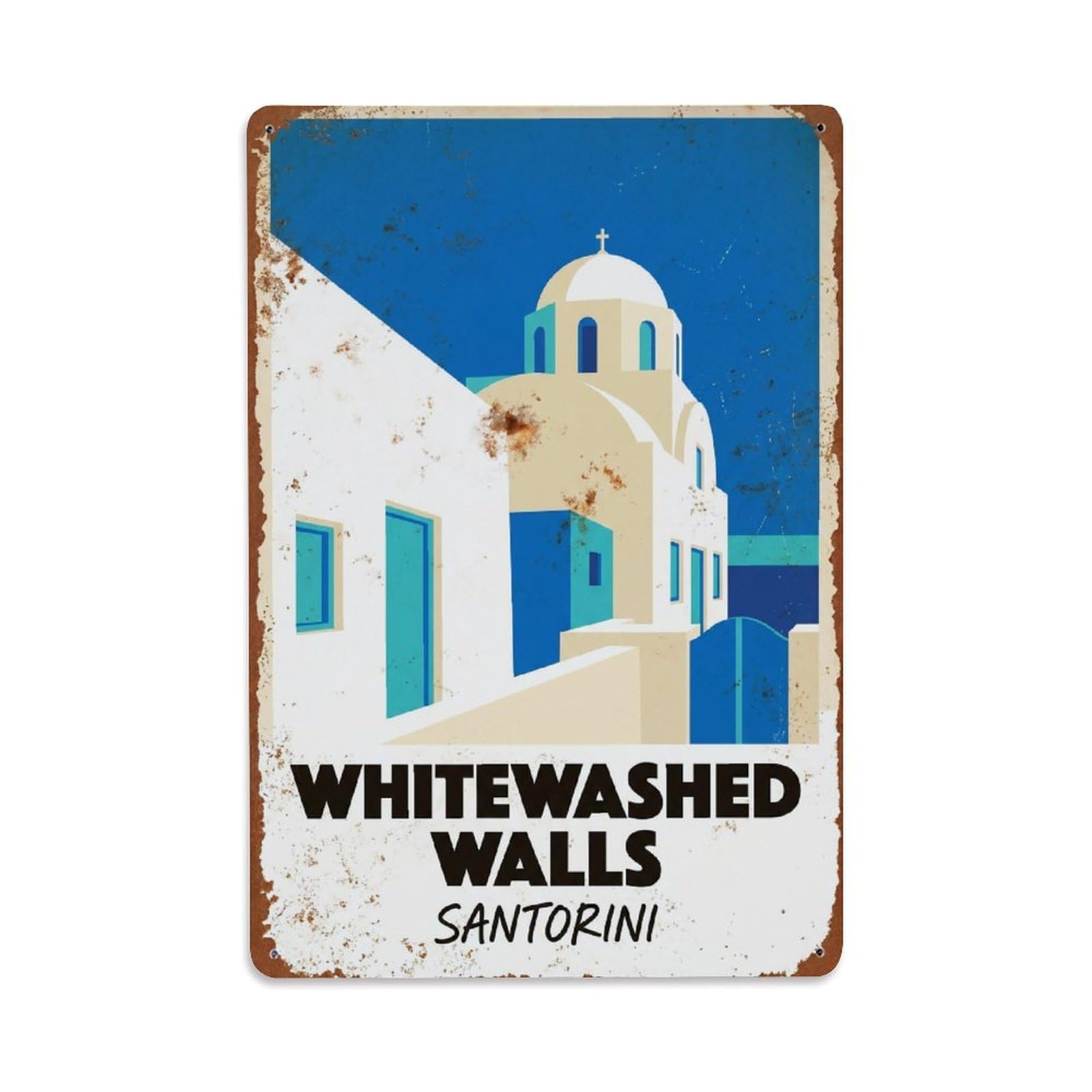 Gead 8X12inch Style Vintage Travel Santorini Whitewashed Walls Metal Tin Sign