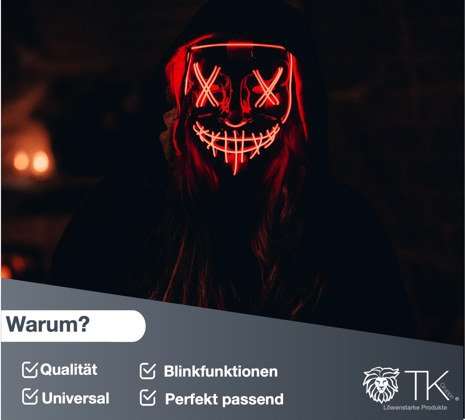 TK Gruppe Timo Klingler Maschera horror a LED - come da Purge incl. 3 effetti di luce, controllabili, per Halloween, Mardi Gras e Carnevale come costume per uomini e donne