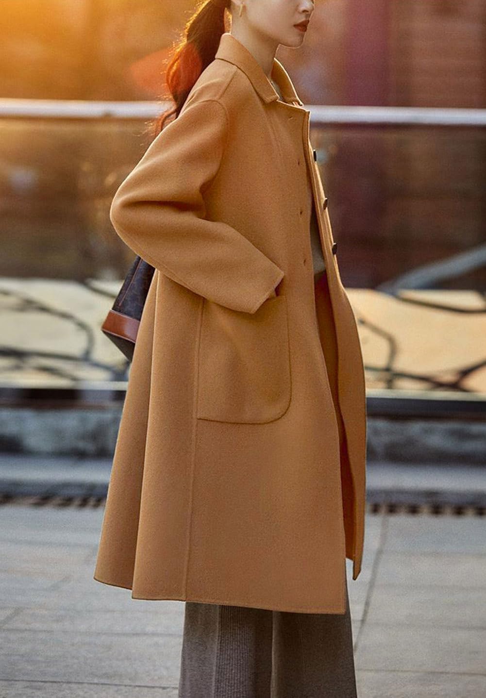 chouyatou Women's Winter Wool Coat Single Breasted Business Casual Midi Long Winter Trench Coat - Image 3