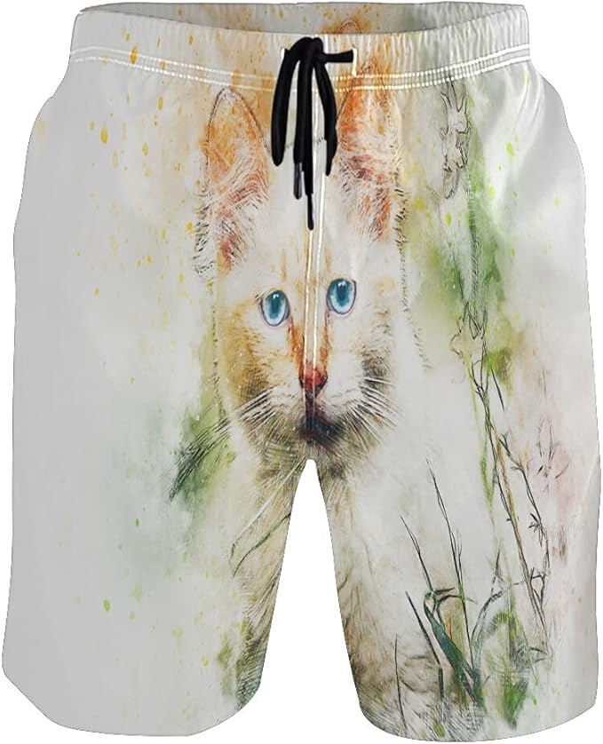 Vnurnrn Art Watercolor Cat Kitten Men's Swim Trunks Shorts Quick Dry