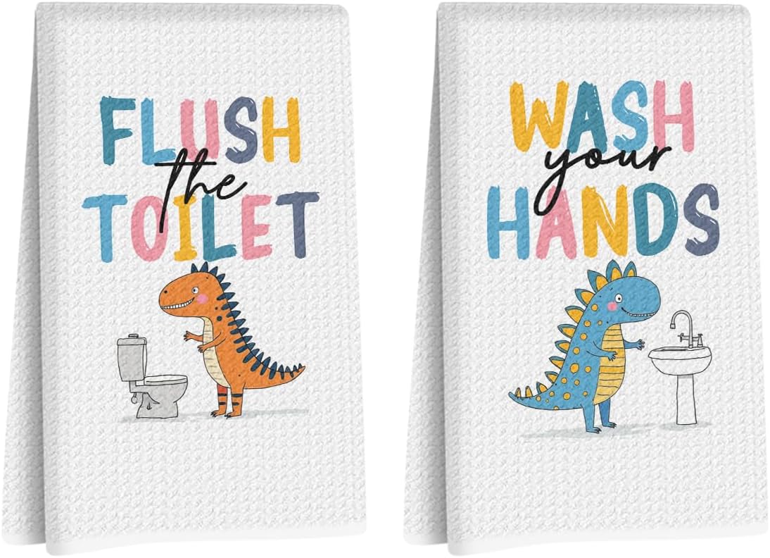 2Pcs Dinosaur Kitchen Towels 24×14 Inch, Toilet Bowl Reusable Microfiber Dish Cloth Hand Towel, Waffle Weave Tea Towels for Bathroom Kitchen Home Farmhouse Decor, Dinosaur Gifts for Women Friend