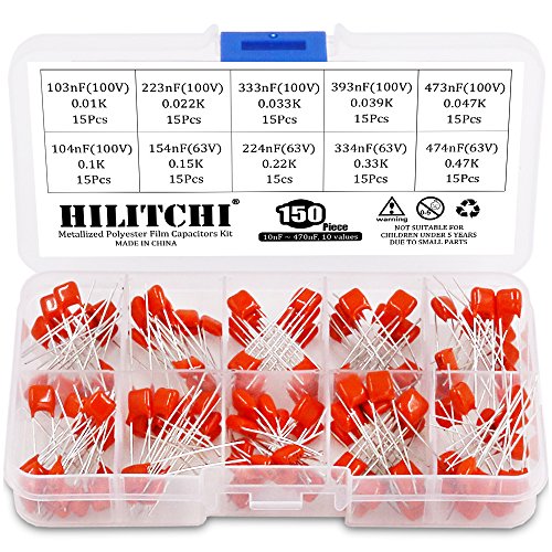 Hilitchi 120-Pcs [103nF ~ 474nF] Metallized Polyester Film Capacitors Assortment Kit - 103nF 223nF 333nF 393nF 473nF 104nF 154nF 224nF 334nF 474nF