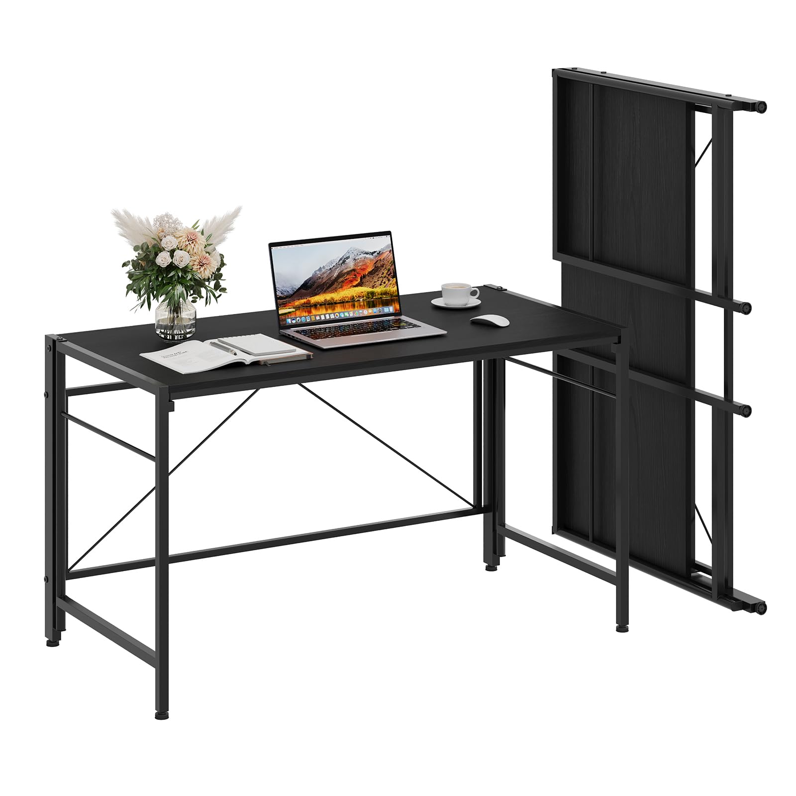 Dripex Folding Desk 110 x 50 cm Foldable Computer Desk, Space-Saving Writing Table with Metal Frame, Home Office Workstation for Study, Bedroom and Gaming, Easy Assembly, Black