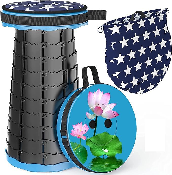 ALEVMOOM Upgraded Portable Collapsible Folding Stool with Cushion Retractable Telescoping Stool for Adults Sturdy Capacity 440lbs Camping Chair for