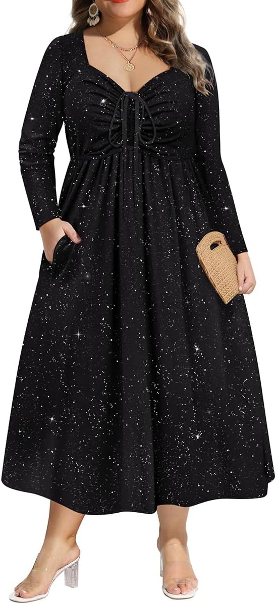 CARCOS Plus Size Dresses for Curvy Women Tie Sweetheart Neck Fall Maxi Dress Long Sleeve Empire Waist Floral Boho Dress