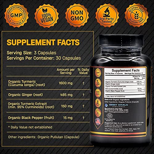 Orbit Vitals Organic Turmeric Curcumin With Black Pepper And Ginger 2250Mg, With 95% Standardized Curcuminoids, Helps Maintain Strong Joints And Healthy Immune, Non-Gmo, Gluten Free 90 Vegan Capsules #TOP5