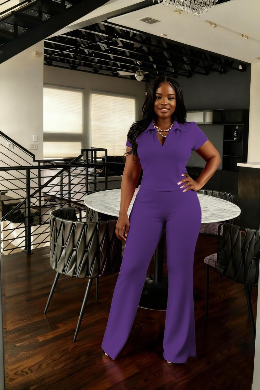 HBQ Women's 2 Piece Outfits Slim Fit V Neck Polo Top Flare Pants Short Sleeve Casual Matching Set - Image 3