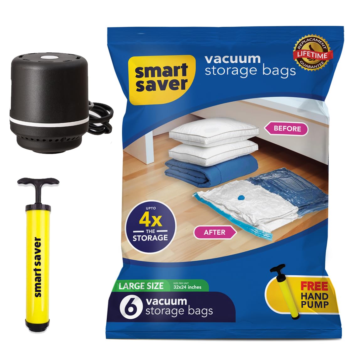 Smart Saver Polyamide Polyethylene Vacuum Compression Bags|Vacuum Storage Bags|Vacuum Bags For Travel|Space Saver Vacuum Bags(6Large + Electric And Manual Pump),White