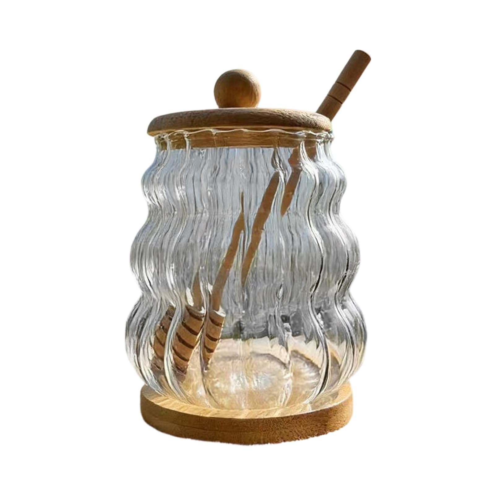 hogtnd Shatterproof Borosilicate Glass Storage Jar, Transparent Honey Storage Container with Wood Mixer and Lid for Kitchen, Dear Dispenser with Stirrer