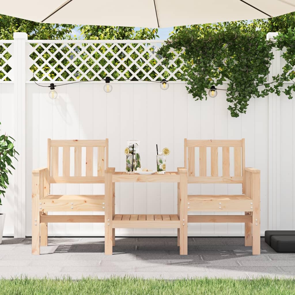 2-Sitzer Gartenbank mit integriertem Tisch und Armlehnen in Latten-Design und unterer Ablage