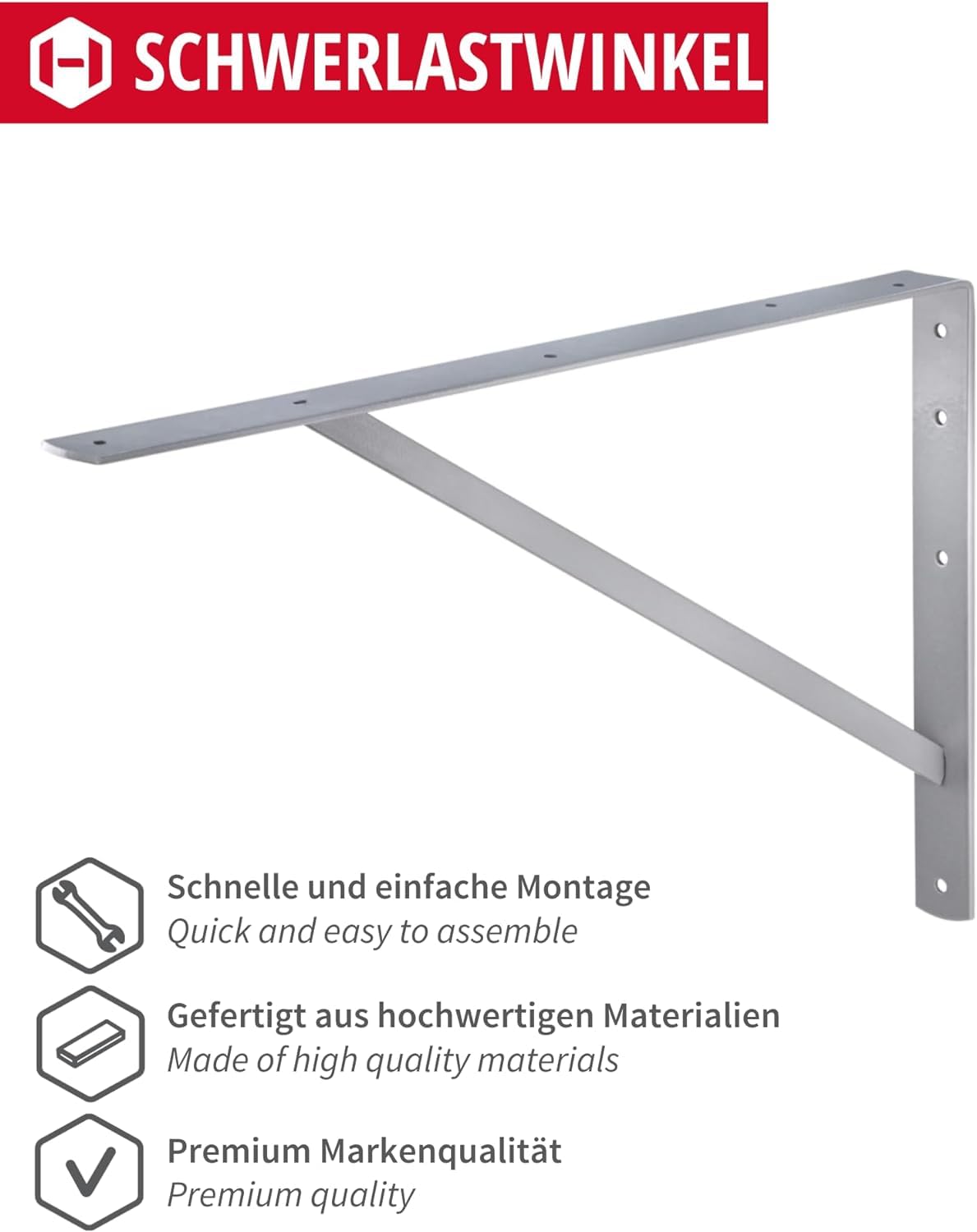 Schwerlastwinkel [ATHENA] 2 Stück Regalwinkel I Tiefe 600 mm I Schwerlastkonsole Silber I Wandhalterung Regal Tragkraft 300 kg I Winkel Metall massiv | Metallwinkel 90 grad