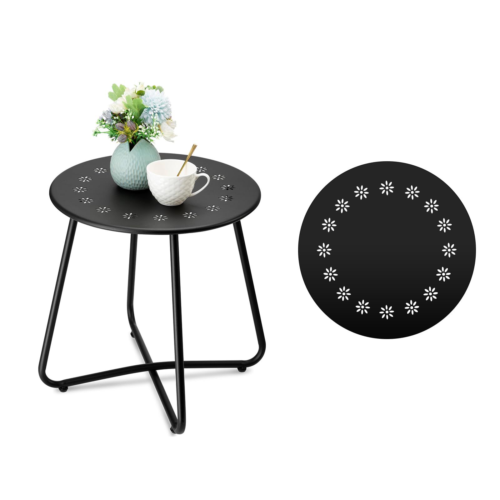 danpinera beistelltisch Outdoor, balkontisch klein, Gartentisch mit Blumenausschnitten, Kleiner beistelltisch Outdoor für Terrasse, Hof, Balkon, Garten, wetterfestes Material, Schwarz