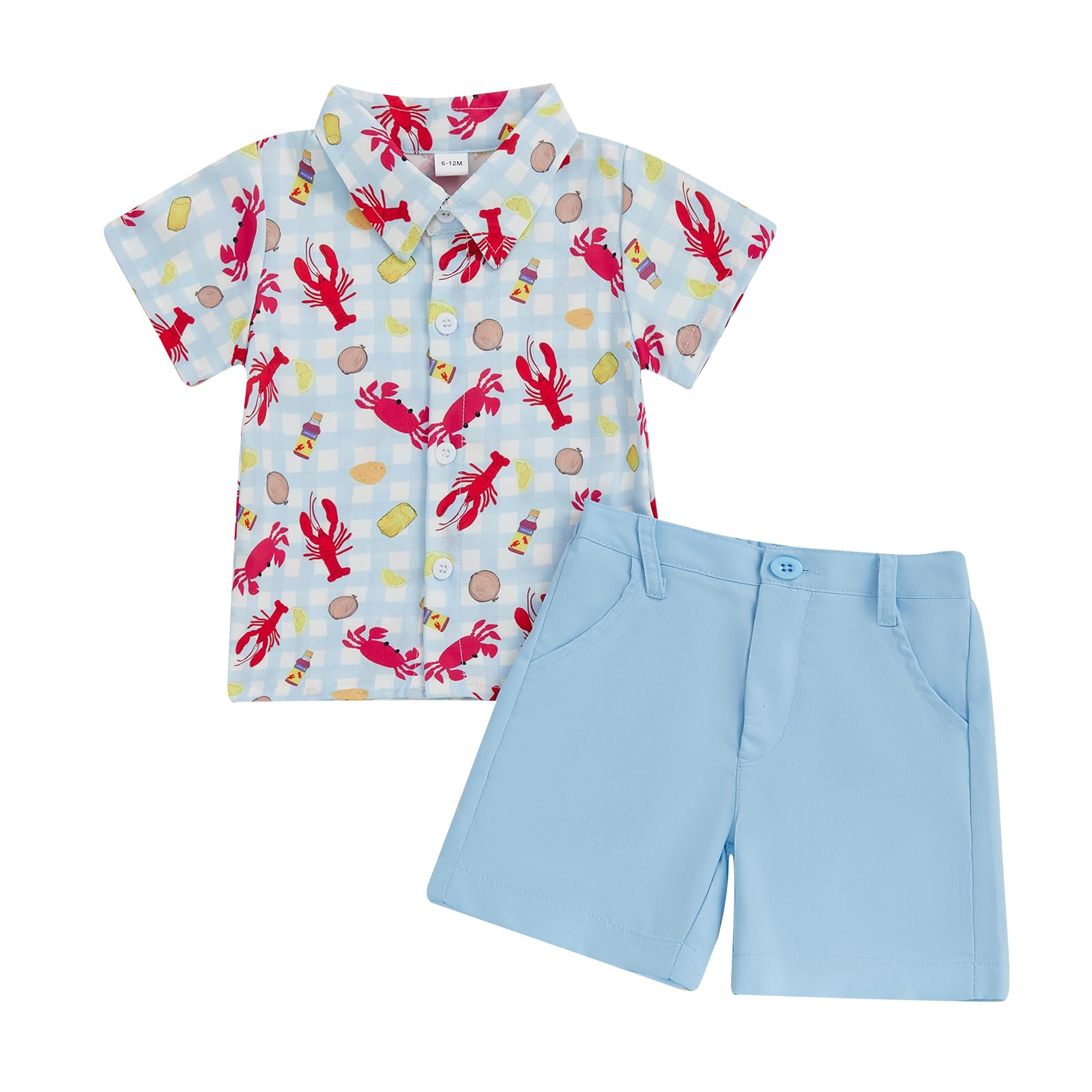 Toddler Baby Boys Summer Clothes Crawfish Lapel Button Down T-shirt Solid Shorts 2Pcs Lobster Gentleman Bow Tie Suit (Blue, 6-12 Months)
