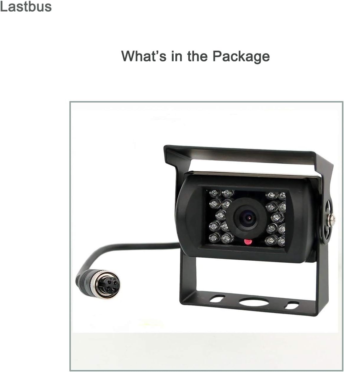 LASTBUS backup camera with its attached 4-pin connector cable, representing what's included in the package