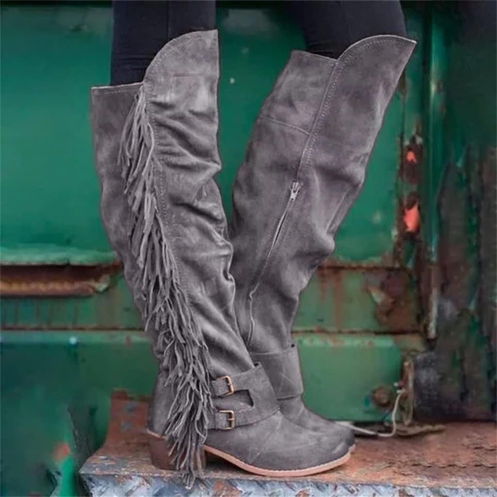 Stivali Al Ginocchio Da Donna Boots Da Cowboy Western Retrò Con Frange | Stivali Da Equitazione Casual Con Cerniera Boots Sopra Il Ginocchio In Pelle Scamosciata Scarpe Invernali