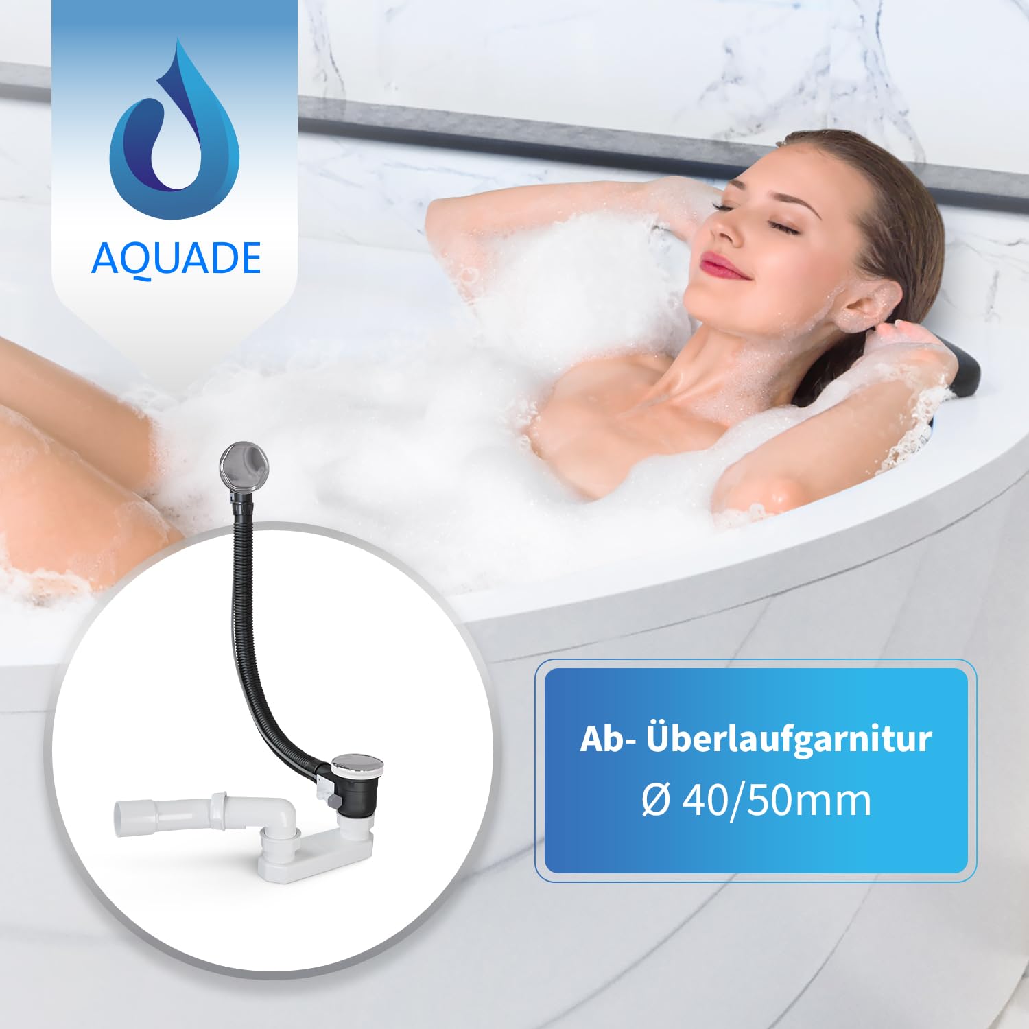 AQUADE Set completo de desagüe para bañera y rebosadero, diámetro 40/50 mm, cromado, desagüe para bañera, función Pop Up con tapón de olor excéntrico y cubierta de rebosadero de bañera