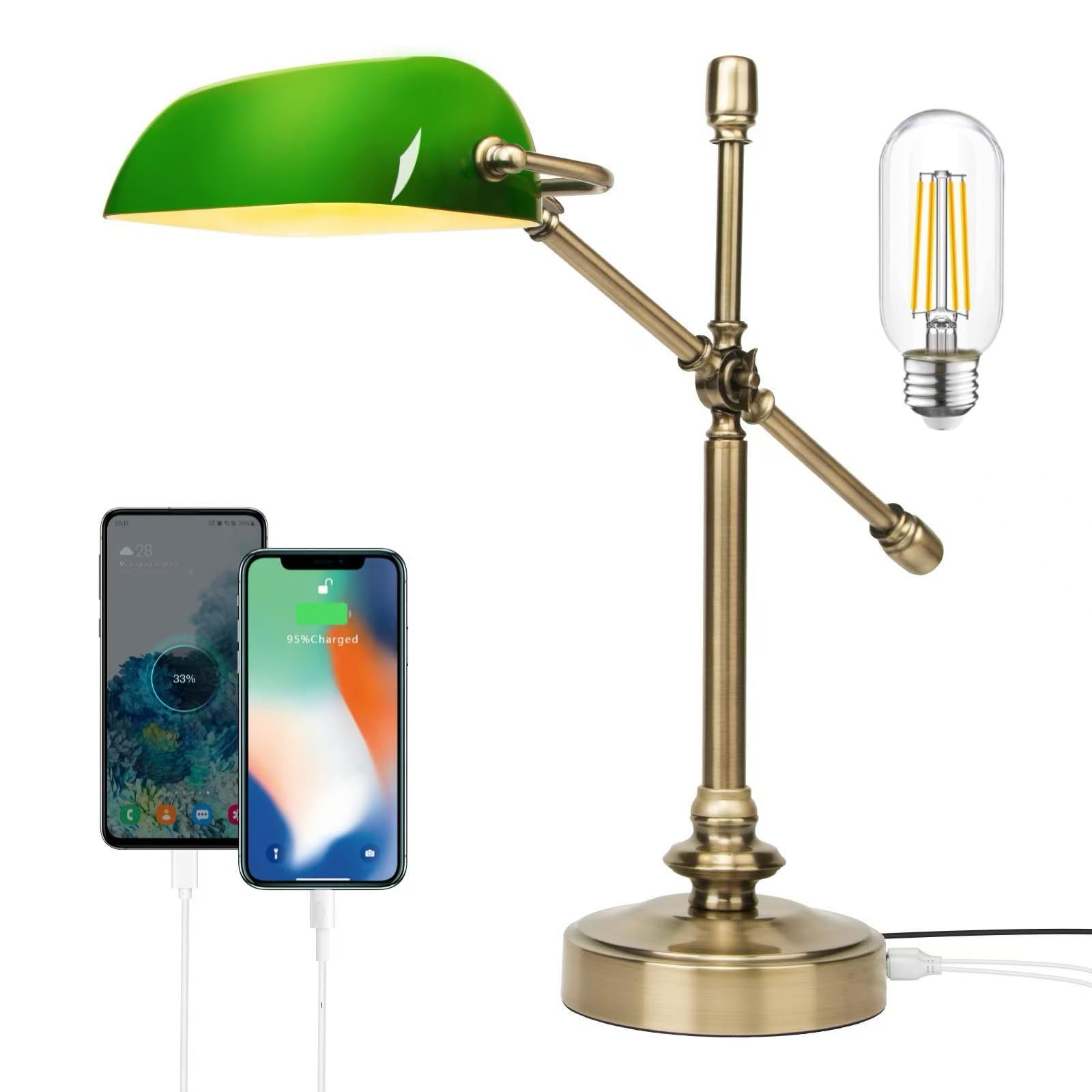 FIRVRE Lampada da banchiere verde, dimmerabile, vintage, LED da scrivania con funzione di ricarica, lampada da tavolo touch, dimmerabile, e27, per studio, casa, ufficio, soggiorno, camera da letto